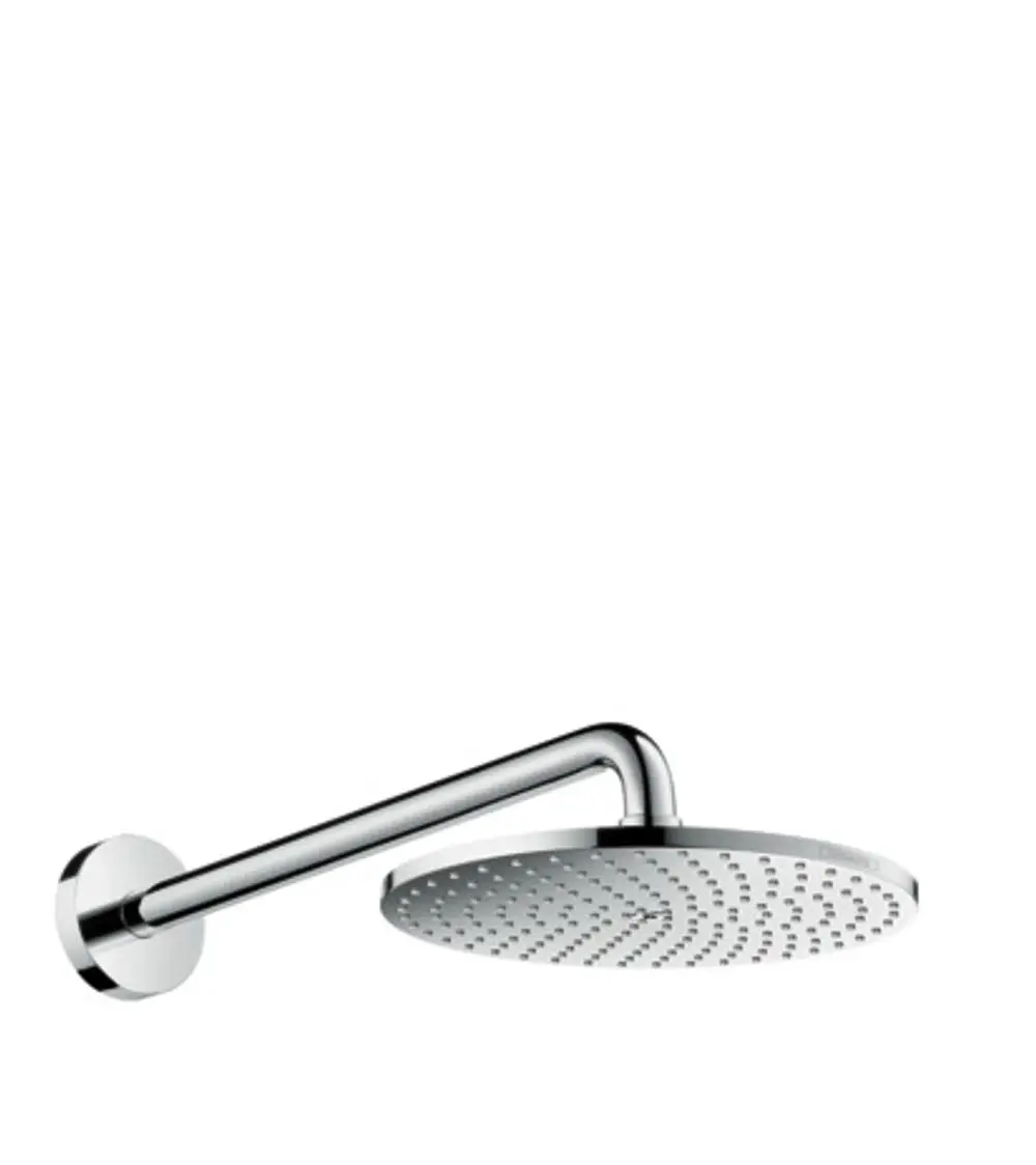 Kopfbrause mit runder, flacher Kopfplatte und Brausearm aus verchromtem Material, montiert an einer Wand, von der Marke Hansgrohe.